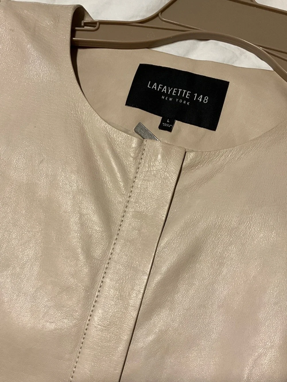 Lafayette 148 New York Leather Sleeveless Taupe Shift Dress - Picture 3 of 6